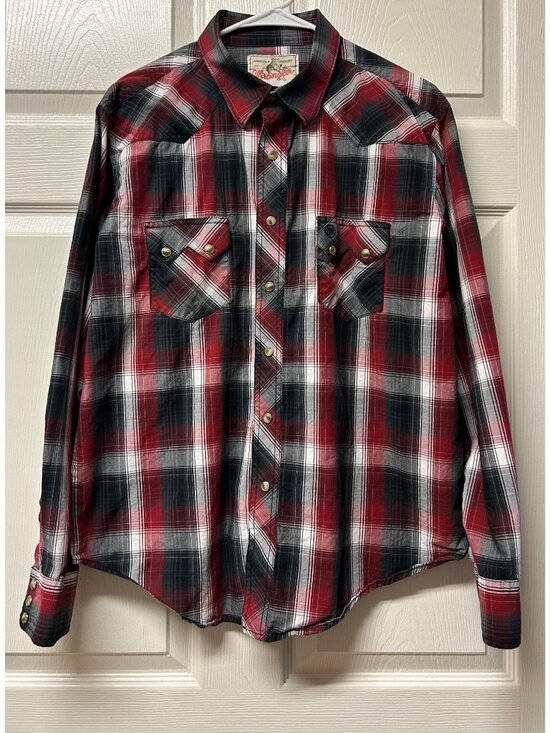 Wrangler Other - VTG Wrangler American Cowboys Western Pearl Snap Shirt Plaid 44x28 Rodeo Garth
